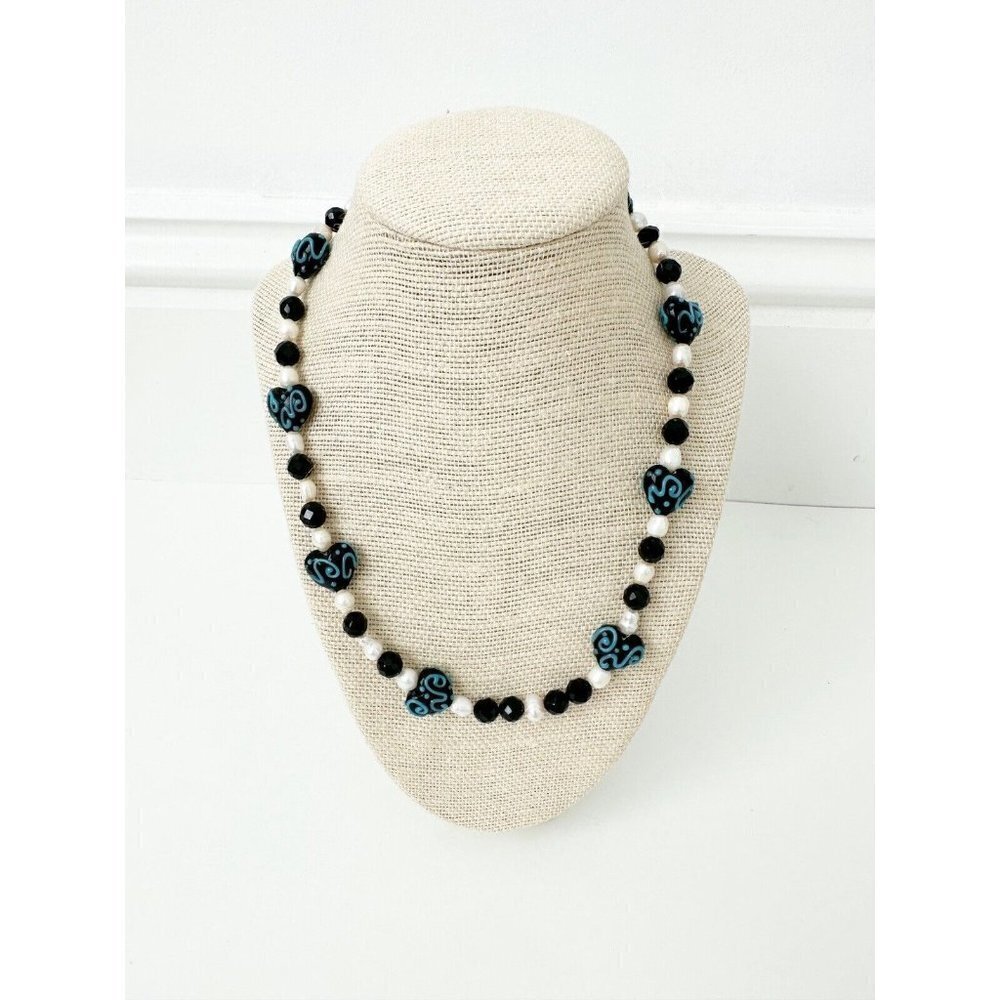 NWT Genuine Lampwork Glass, Pearls & Crystal Necklace Hearts Black White